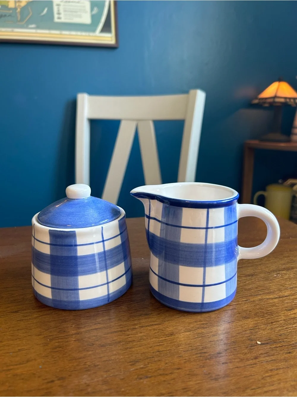 Blue Plaid Ceramic Creamer and Sugar Set